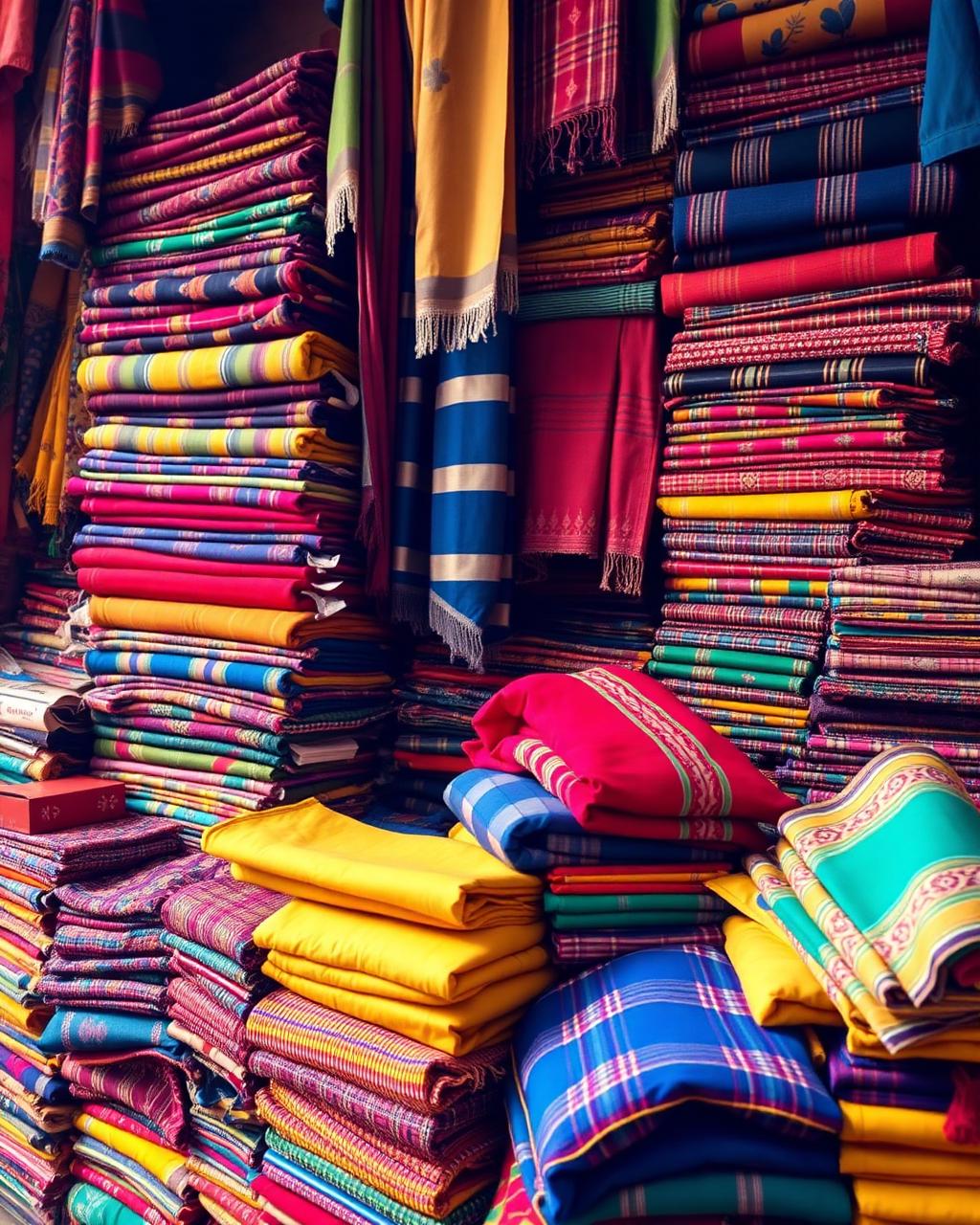 Stacked colourful textiles in a Jaipur bazaar