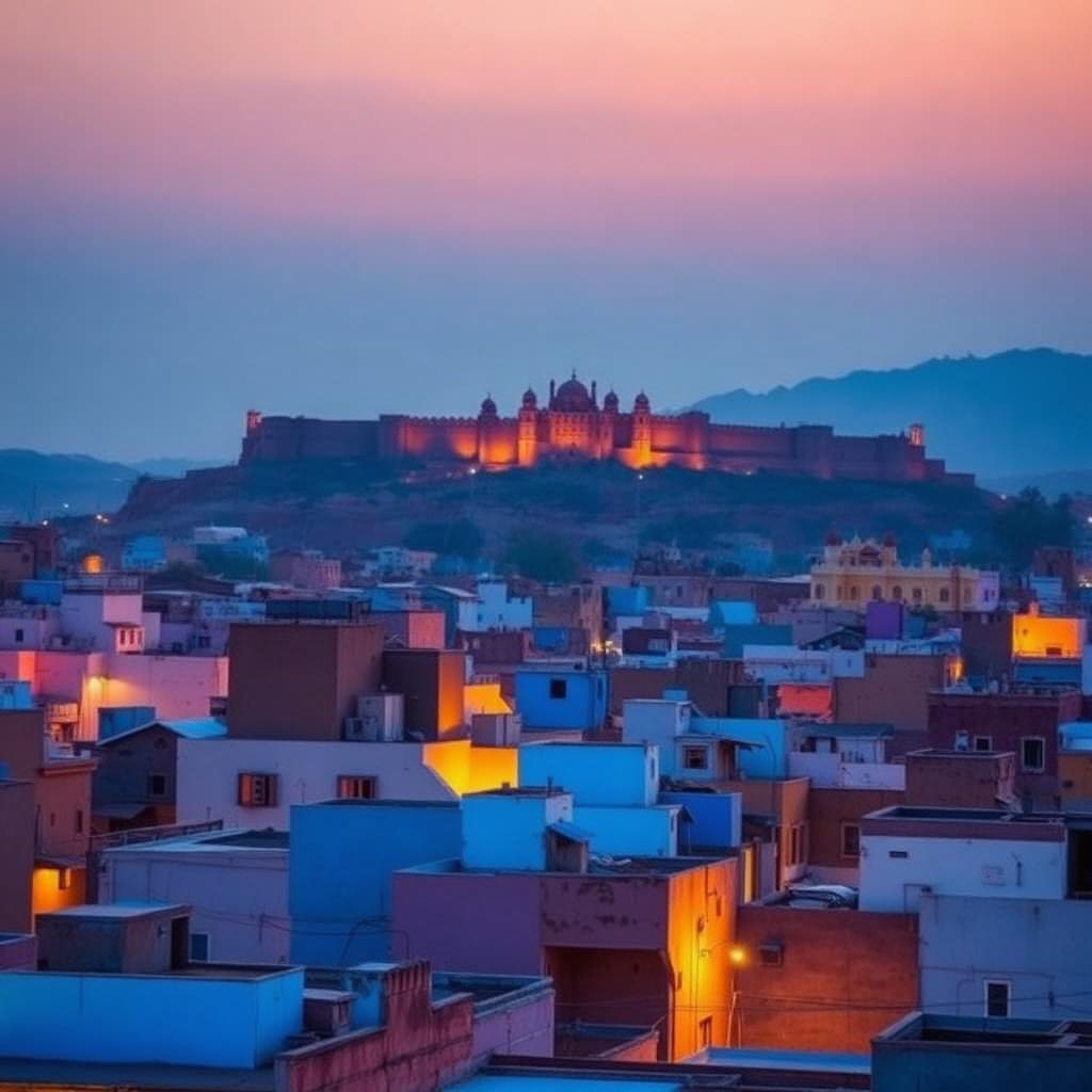 Rajasthani city rooftops at dusk below a hilltop fort