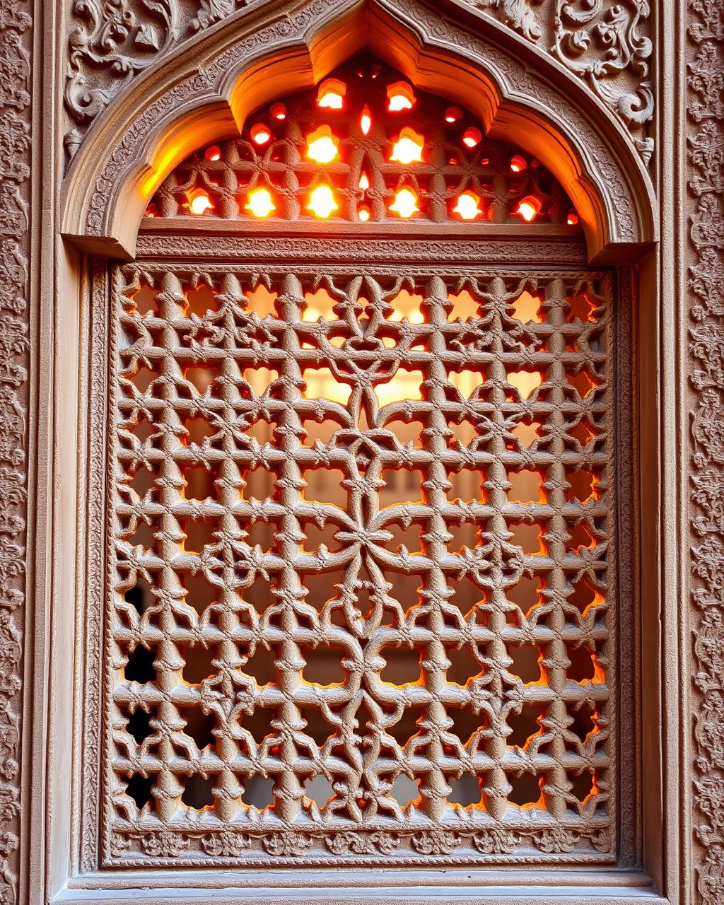 Carved sandstone jali window with warm light behind