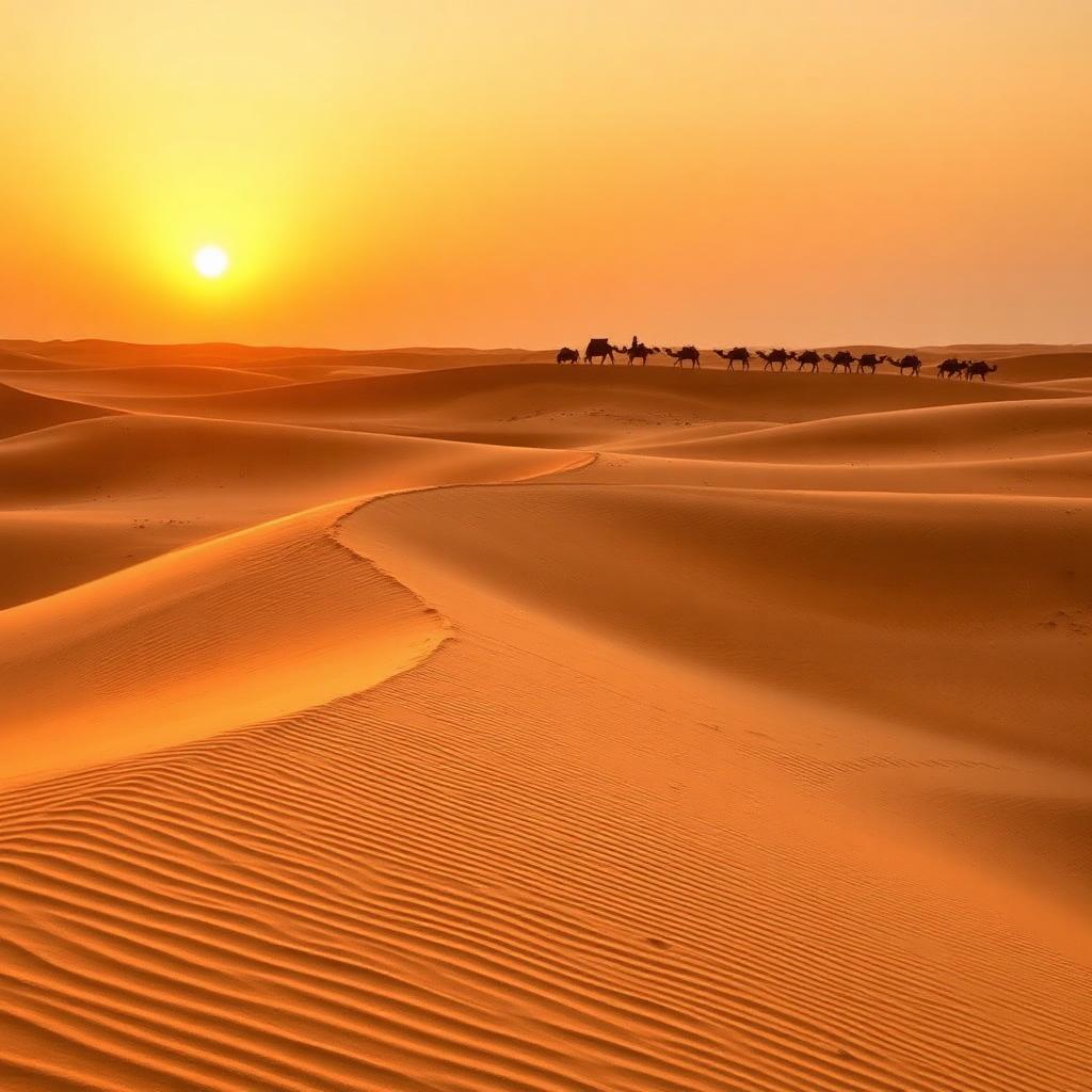 Desert dunes at sunset with a distant camel caravan