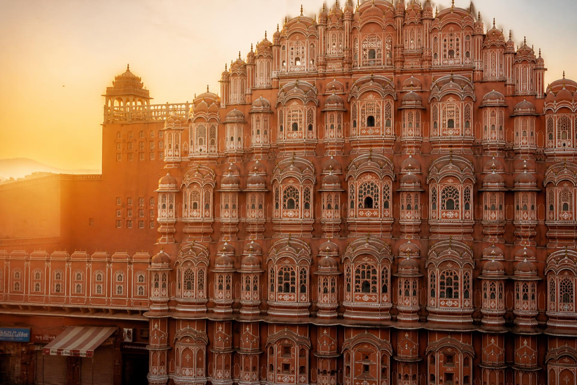 Hawa Mahal palace facade in Jaipur at golden hour